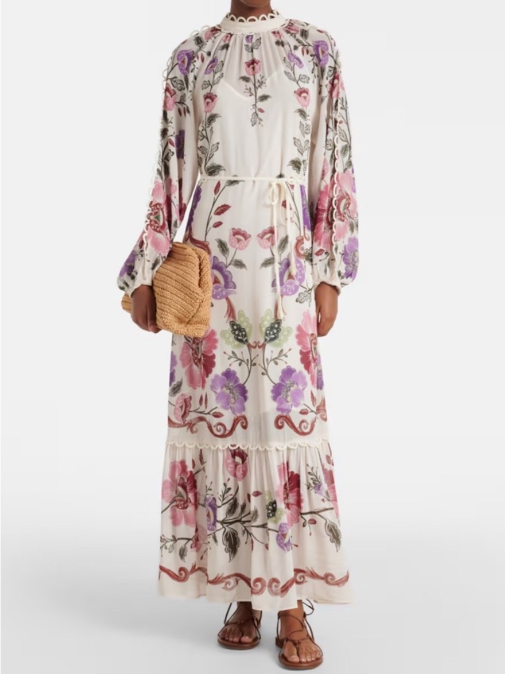 Floral Long Sleeve Maxi Dress in Cream and Pink